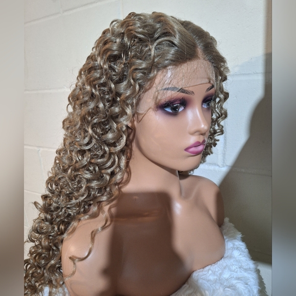Curly Brown Human Hair Blend Lace Front Wig - Picture 4 of 8
